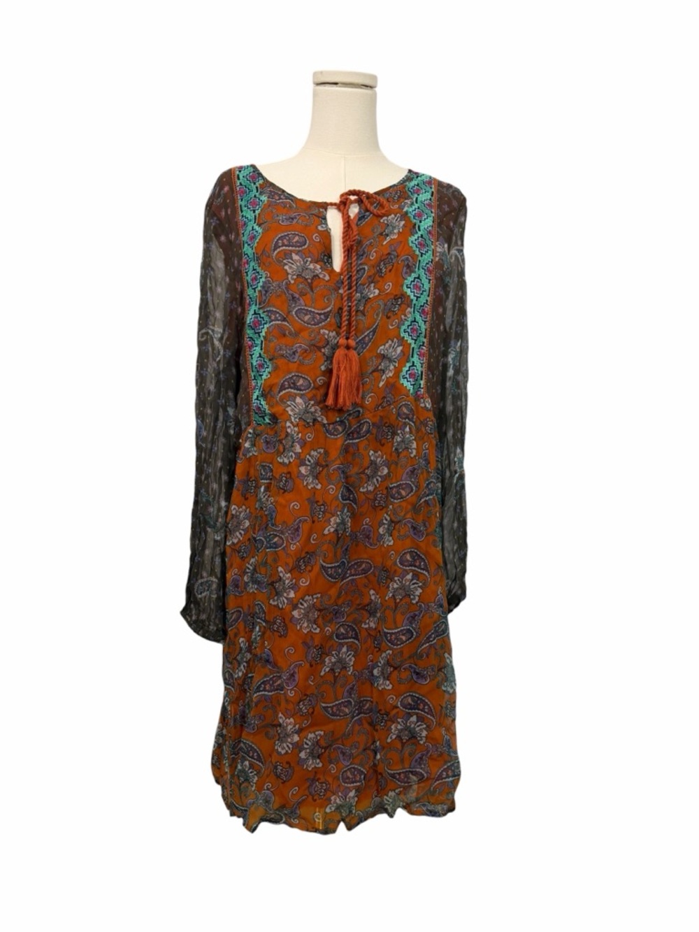 Sundance Orange Paisley Sweet Whispers Dress Size Large Boho Hippie Embroidered